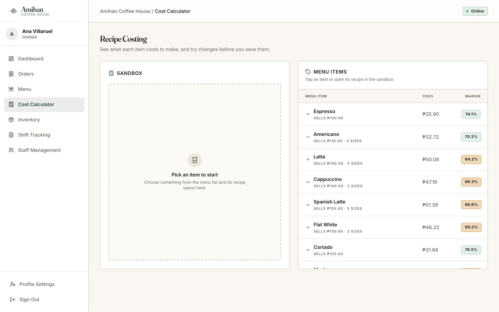 Recipe costing: cost of goods and margin for every menu item