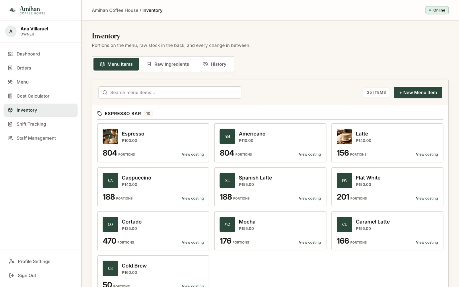 Inventory: portions on hand per menu item