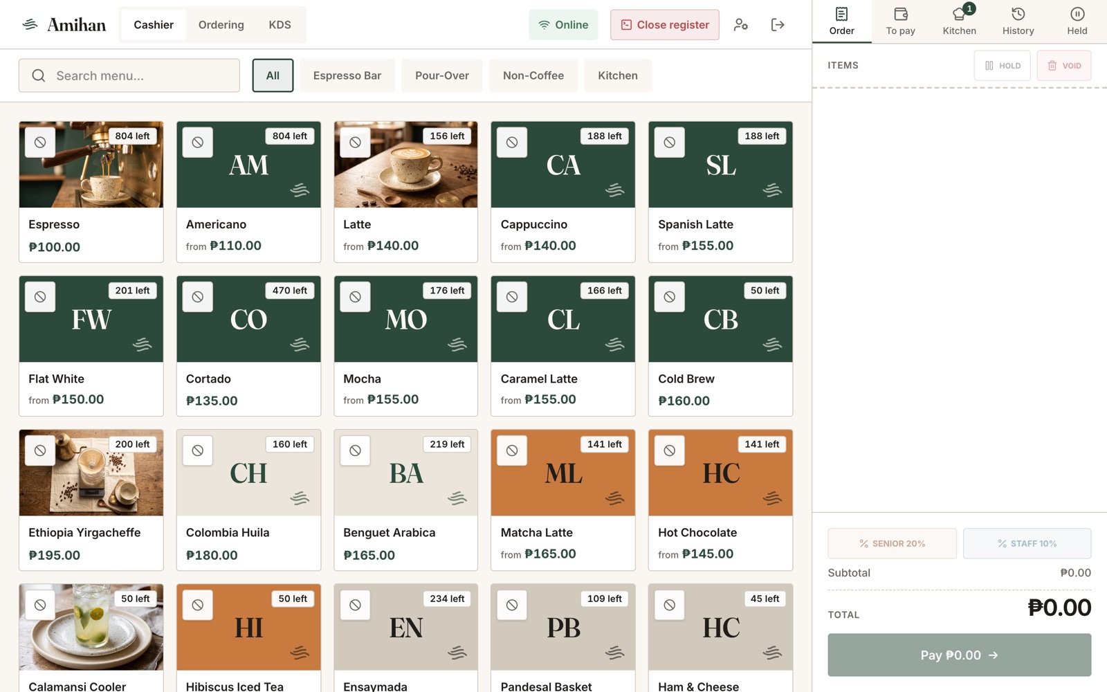 Cashier POS: touch menu grid with live stock counts and the order tray