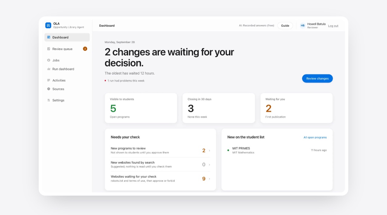 Reviewer dashboard: changes waiting for a human decision
